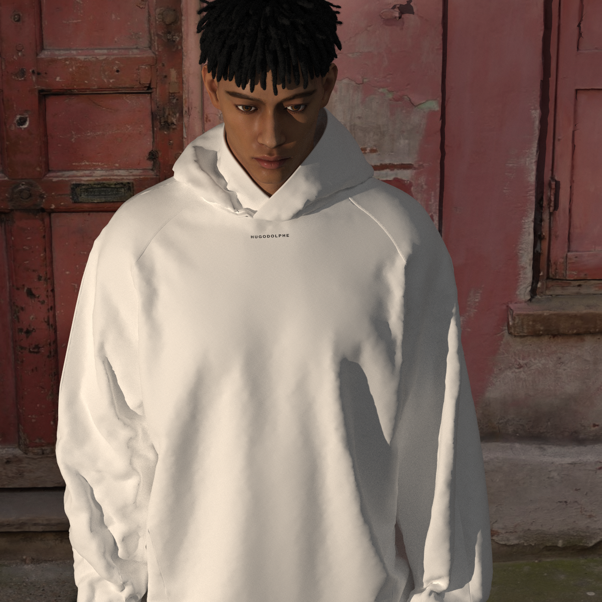 Model wearing Hoodie No. 1 in front of a red architectural surface